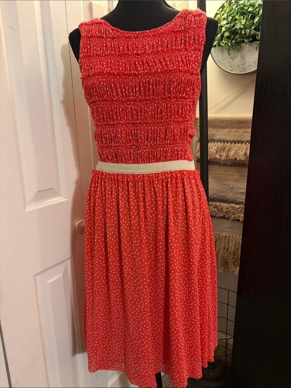 Anthropologie Postcard Red Polka Dot Midi Dress with Cream Waistband